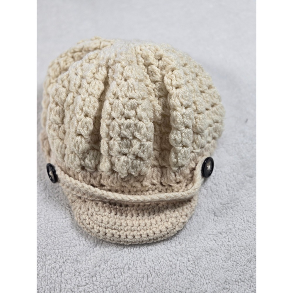 Vintage Butterfly Linx Cream Crochet Newsboy Hat Textured Chunky Cabbie Custom‎